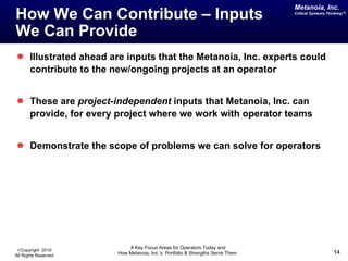 How We Can Contribute – Inputs  We Can Provide Illustrated ahead are inputs that the Metanoia, Inc. experts could contribute to the new/ongoing projects at an operator These are  project-independent  inputs that Metanoia, Inc. can provide, for every project where we work with operator teams Demonstrate the scope of problems we can solve for operators 