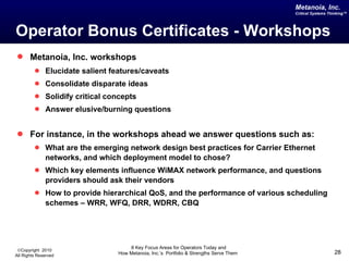 Operator Bonus Certificates - Workshops Metanoia, Inc. workshops   Elucidate salient features/caveats Consolidate disparate ideas Solidify critical concepts Answer elusive/burning questions For instance, in the workshops ahead we answer questions such as: What are the emerging network design best practices for Carrier Ethernet networks, and which deployment model to chose? Which key elements influence WiMAX network performance, and questions providers should ask their vendors How to provide hierarchical QoS, and the performance of various scheduling schemes – WRR, WFQ, DRR, WDRR, CBQ 
