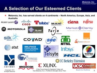 A Selection of Our Esteemed Clients Metanoia, Inc. has served clients on 4 continents – North America, Europe, Asia, and Australia Back to Outline 