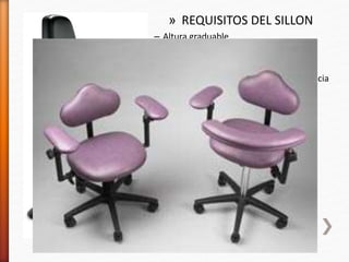 » REQUISITOS DEL SILLON
– Altura graduable
– Reposapiés : 15 grados
– Espaldar :apoyo completo 80 grados
– Asiento :profundidad menor que distancia
rodilla/cadera
– Acabado no deslizante y permeable
– 5 patas
 