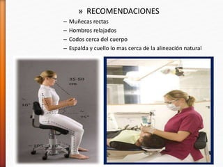 » RECOMENDACIONES
– Muñecas rectas
– Hombros relajados
– Codos cerca del cuerpo
– Espalda y cuello lo mas cerca de la alineación natural
 