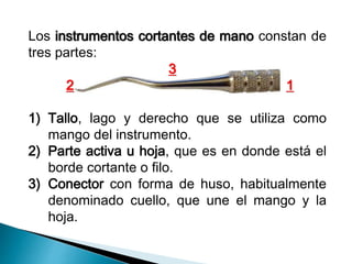 Los instrumentos cortantes de mano constan de 
tres partes: 
3 
2 1 
1) Tallo, lago y derecho que se utiliza como 
mango del instrumento. 
2) Parte activa u hoja, que es en donde está el 
borde cortante o filo. 
3) Conector con forma de huso, habitualmente 
denominado cuello, que une el mango y la 
hoja. 
 