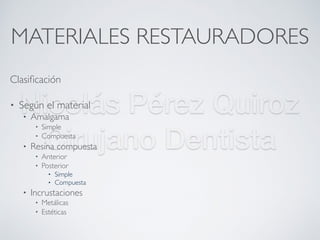 Nicolás Pérez Quiroz
Cirujano Dentista
MATERIALES RESTAURADORES
Clasiﬁcación
• Según el material
• Amalgama
• Simple
• Compuesta
• Resina compuesta
• Anterior
• Posterior
• Simple
• Compuesta
• Incrustaciones
• Metálicas
• Estéticas
 