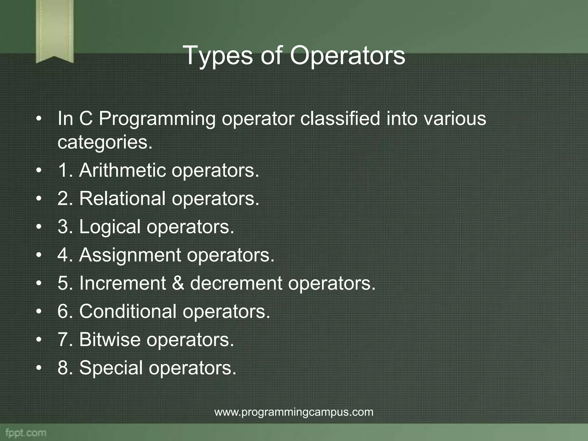 Operator in c programming | PPTX | Programming Languages | Computing