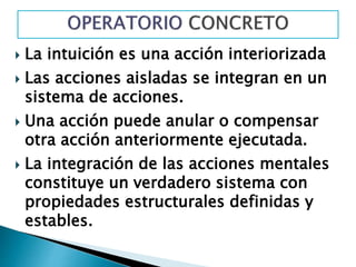  La intuición es una acción interiorizada 
 Las acciones aisladas se integran en un 
sistema de acciones. 
 Una acción puede anular o compensar 
otra acción anteriormente ejecutada. 
 La integración de las acciones mentales 
constituye un verdadero sistema con 
propiedades estructurales definidas y 
estables. 
 