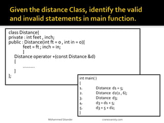 class Distance{
private : int feet , inch;
public : Distance(int ft = 0 , int in = 0){
feet = ft ; inch = in;
}
Distance operator +(const Distance &d)
{
………
}
};
Mohammed Sikander cranesvarsity.com
int main( )
{
1. Distance d1 = 5;
2. Distance d2(2 , 6);
3. Distance d3;
4. d3 = d1 + 5;
5. d3 = 5 + d2;
}
 