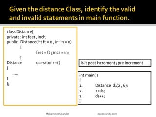 class Distance{
private : int feet , inch;
public : Distance(int ft = 0 , int in = 0)
{
feet = ft ; inch = in;
}
Distance operator ++( )
{
…..
}
};
Mohammed Sikander cranesvarsity.com
int main( )
{
1. Distance d1(2 , 6);
2. ++d1;
3. d1++;
}
Is it post Increment / pre Increment
 