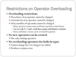 Restrictions on Operator Overloading
 Overloading restrictions
 Precedence of an operator cannot be changed
 Associatively of an operator cannot be changed
 Arity (number of operands) cannot be changed
 Unary operators remain unary, and binary operators remain binary
 Operators &, *, + and - each have unary and binary versions
 Unary and binary versions can be overloaded separately
 No new operators can be created
 Use only existing operators
 No overloading operators for built-in types
 Cannot change how two integers are added
 Produces a syntax error
 