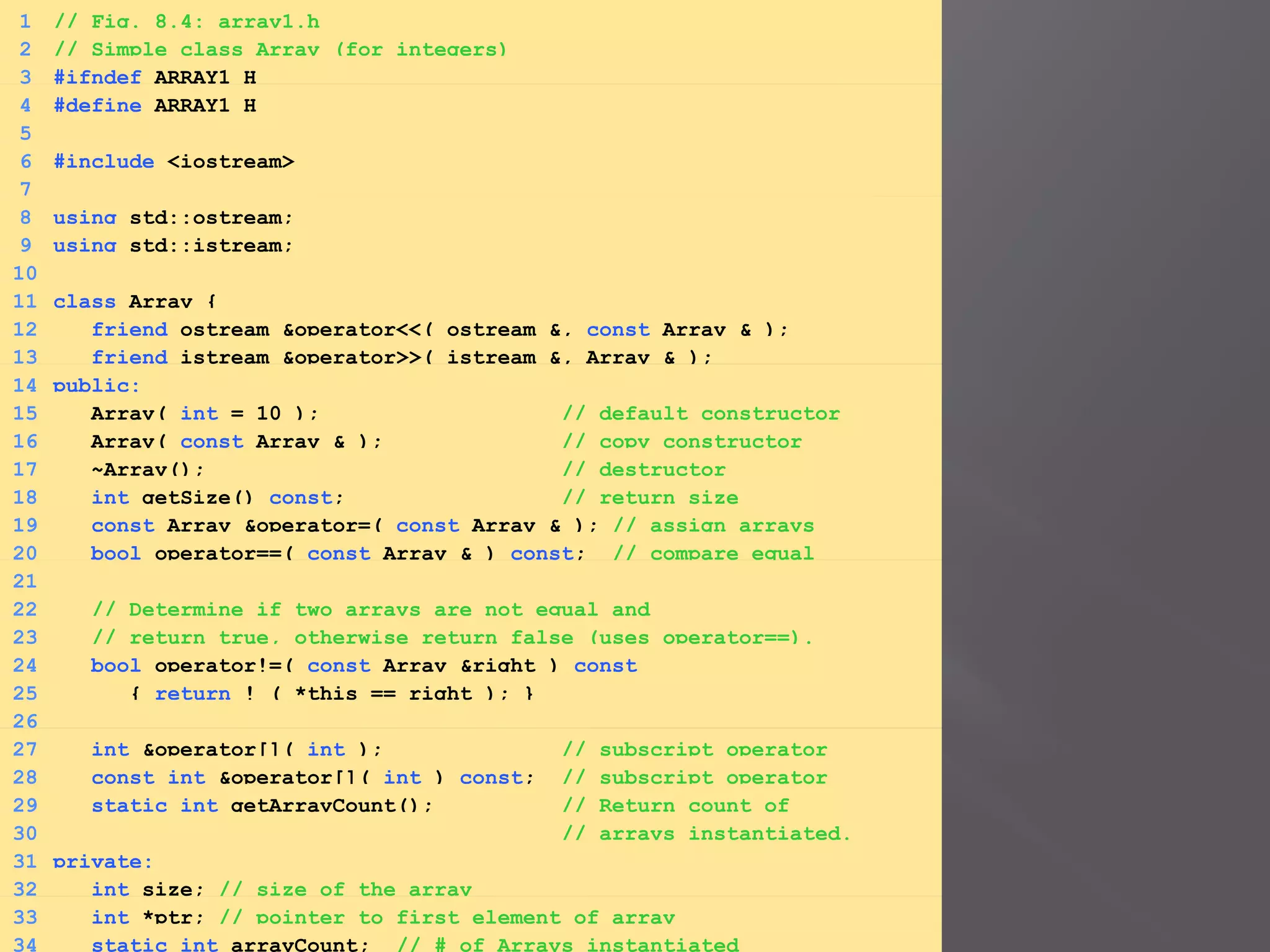 1 // Fig. 8.4: array1.h
2 // Simple class Array (for integers)
3 #ifndef ARRAY1_H
4 #define ARRAY1_H
5
6 #include <iostream>
7
8 using std::ostream;
9 using std::istream;
10
11 class Array {
12 friend ostream &operator<<( ostream &, const Array & );
13 friend istream &operator>>( istream &, Array & );
14 public:
15 Array( int = 10 ); // default constructor
16 Array( const Array & ); // copy constructor
17 ~Array(); // destructor
18 int getSize() const; // return size
19 const Array &operator=( const Array & ); // assign arrays
20 bool operator==( const Array & ) const; // compare equal
21
22 // Determine if two arrays are not equal and
23 // return true, otherwise return false (uses operator==).
24 bool operator!=( const Array &right ) const
25 { return ! ( *this == right ); }
26
27 int &operator[]( int ); // subscript operator
28 const int &operator[]( int ) const; // subscript operator
29 static int getArrayCount(); // Return count of
30 // arrays instantiated.
31 private:
32 int size; // size of the array
33 int *ptr; // pointer to first element of array
34 static int arrayCount; // # of Arrays instantiated
 