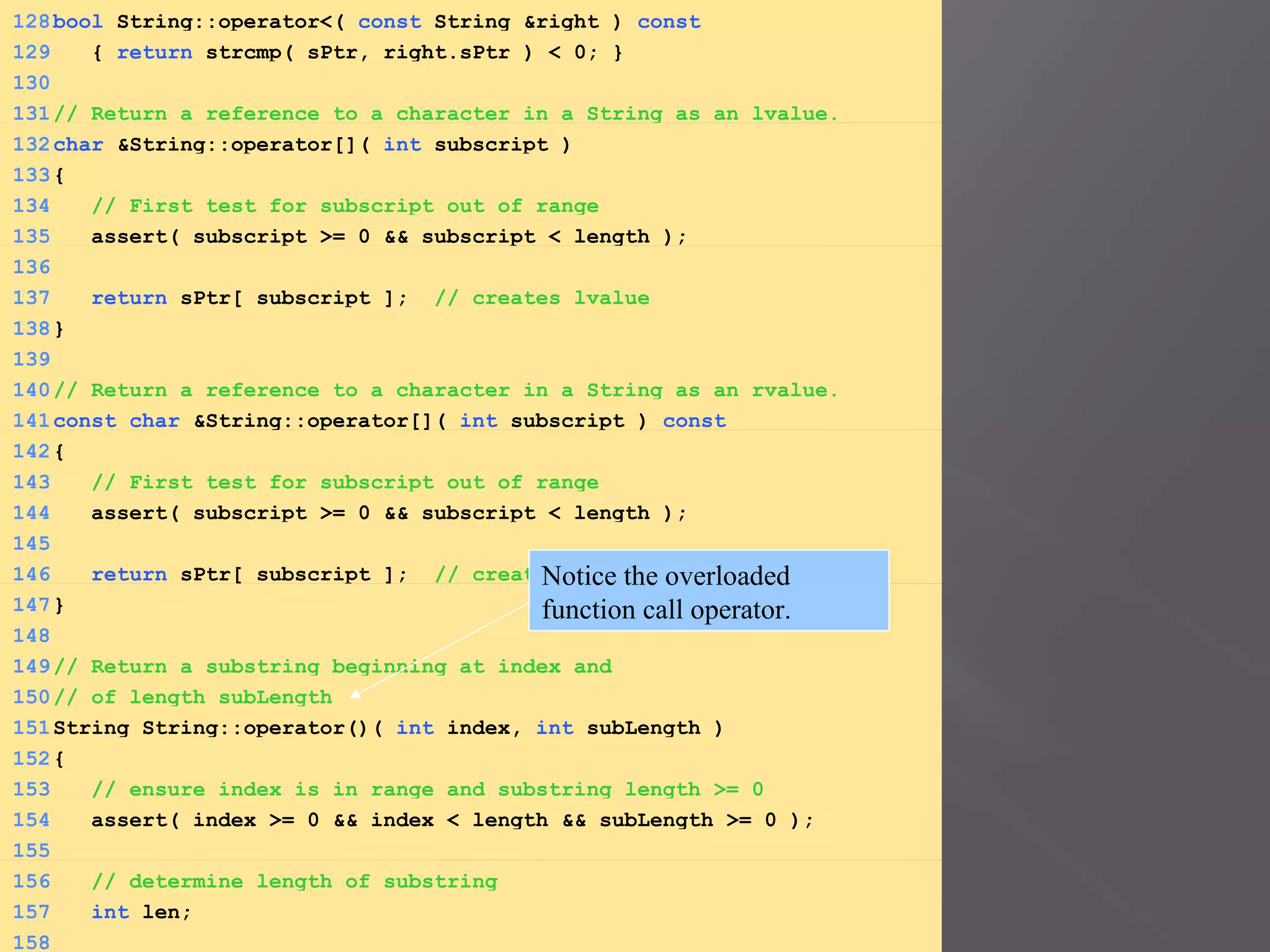 128bool String::operator<( const String &right ) const
129 { return strcmp( sPtr, right.sPtr ) < 0; }
130
131// Return a reference to a character in a String as an lvalue.
132char &String::operator[]( int subscript )
133{
134 // First test for subscript out of range
135 assert( subscript >= 0 && subscript < length );
136
137 return sPtr[ subscript ]; // creates lvalue
138}
139
140// Return a reference to a character in a String as an rvalue.
141const char &String::operator[]( int subscript ) const
142{
143 // First test for subscript out of range
144 assert( subscript >= 0 && subscript < length );
145
146 return sPtr[ subscript ]; // creates rvalue
147}
148
149// Return a substring beginning at index and
150// of length subLength
151String String::operator()( int index, int subLength )
152{
153 // ensure index is in range and substring length >= 0
154 assert( index >= 0 && index < length && subLength >= 0 );
155
156 // determine length of substring
157 int len;
158
Notice the overloaded
function call operator.
 