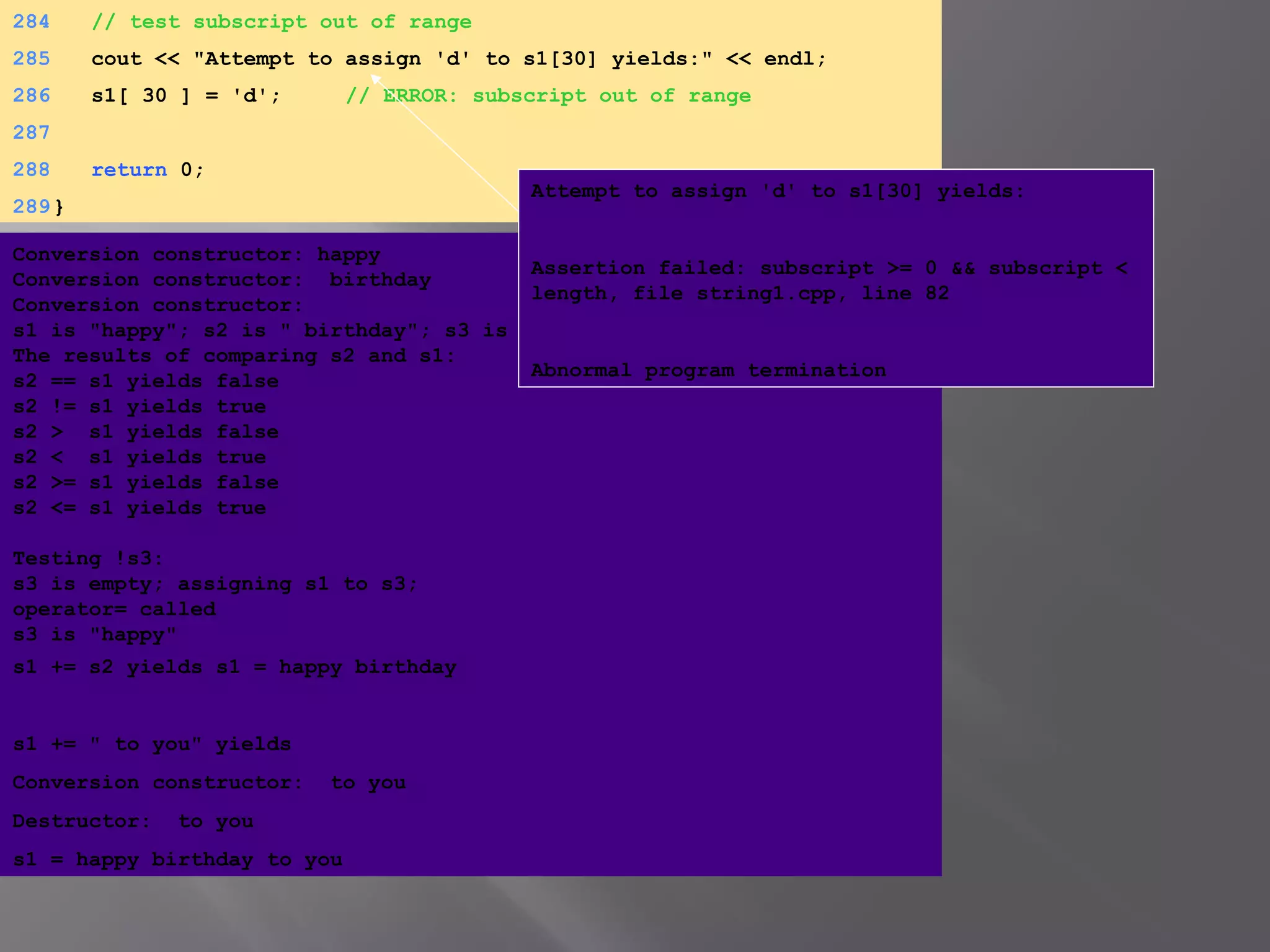 284 // test subscript out of range
285 cout << "Attempt to assign 'd' to s1[30] yields:" << endl;
286 s1[ 30 ] = 'd'; // ERROR: subscript out of range
287
288 return 0;
289}
Conversion constructor: happy
Conversion constructor: birthday
Conversion constructor:
s1 is "happy"; s2 is " birthday"; s3 is ""
The results of comparing s2 and s1:
s2 == s1 yields false
s2 != s1 yields true
s2 > s1 yields false
s2 < s1 yields true
s2 >= s1 yields false
s2 <= s1 yields true
Testing !s3:
s3 is empty; assigning s1 to s3;
operator= called
s3 is "happy"
s1 += s2 yields s1 = happy birthday
s1 += " to you" yields
Conversion constructor: to you
Destructor: to you
s1 = happy birthday to you
Attempt to assign 'd' to s1[30] yields:
 
Assertion failed: subscript >= 0 && subscript <
length, file string1.cpp, line 82
 
Abnormal program termination
 