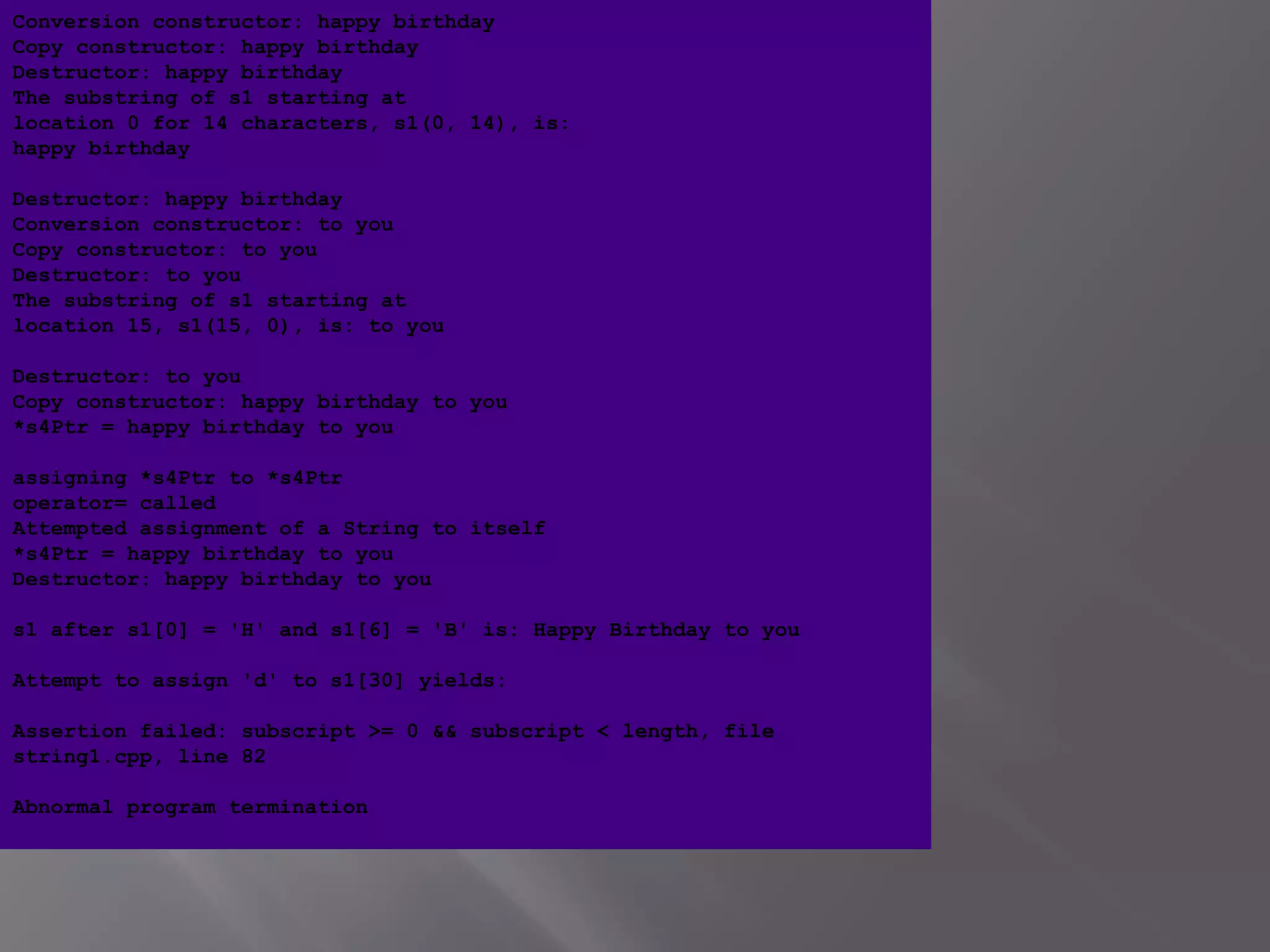 Program Output
Conversion constructor: happy birthday
Copy constructor: happy birthday
Destructor: happy birthday
The substring of s1 starting at
location 0 for 14 characters, s1(0, 14), is:
happy birthday
 
Destructor: happy birthday
Conversion constructor: to you
Copy constructor: to you
Destructor: to you
The substring of s1 starting at
location 15, s1(15, 0), is: to you
 
Destructor: to you
Copy constructor: happy birthday to you
*s4Ptr = happy birthday to you
 
assigning *s4Ptr to *s4Ptr
operator= called
Attempted assignment of a String to itself
*s4Ptr = happy birthday to you
Destructor: happy birthday to you
 
s1 after s1[0] = 'H' and s1[6] = 'B' is: Happy Birthday to you
 
Attempt to assign 'd' to s1[30] yields:
 
Assertion failed: subscript >= 0 && subscript < length, file
string1.cpp, line 82
 
Abnormal program termination
 