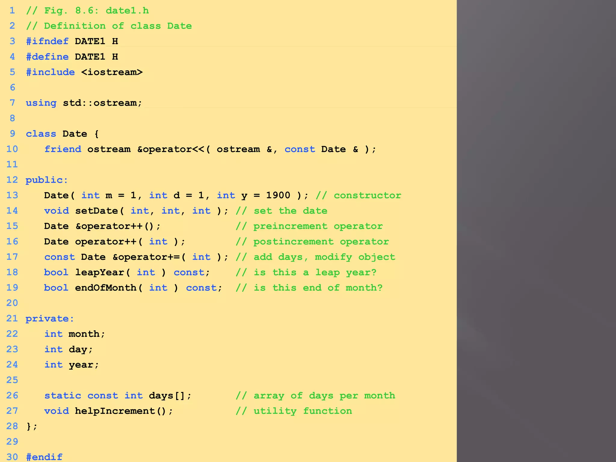 1 // Fig. 8.6: date1.h
2 // Definition of class Date
3 #ifndef DATE1_H
4 #define DATE1_H
5 #include <iostream>
6
7 using std::ostream;
8
9 class Date {
10 friend ostream &operator<<( ostream &, const Date & );
11
12 public:
13 Date( int m = 1, int d = 1, int y = 1900 ); // constructor
14 void setDate( int, int, int ); // set the date
15 Date &operator++(); // preincrement operator
16 Date operator++( int ); // postincrement operator
17 const Date &operator+=( int ); // add days, modify object
18 bool leapYear( int ) const; // is this a leap year?
19 bool endOfMonth( int ) const; // is this end of month?
20
21 private:
22 int month;
23 int day;
24 int year;
25
26 static const int days[]; // array of days per month
27 void helpIncrement(); // utility function
28 };
29
30 #endif
 