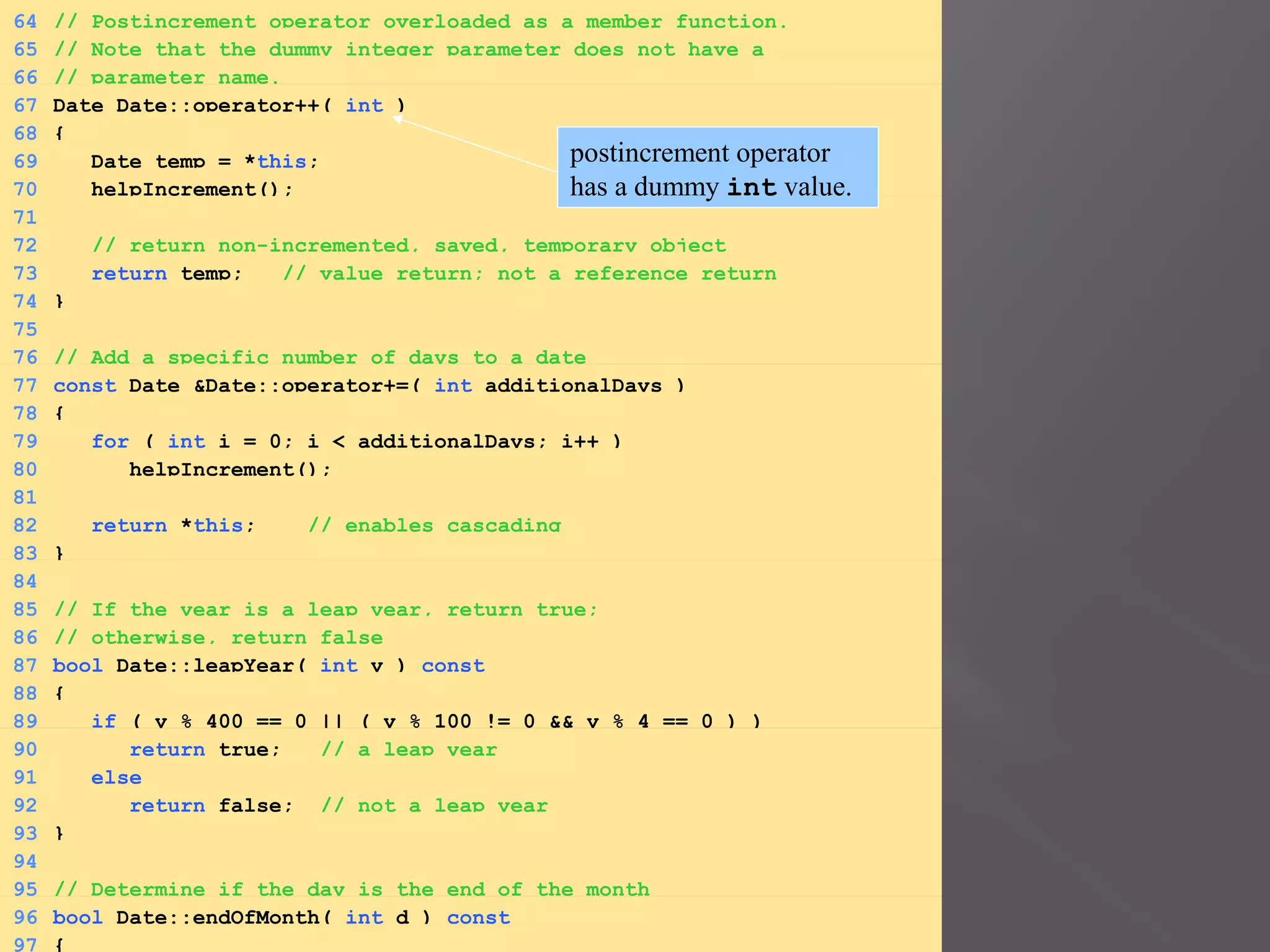 64 // Postincrement operator overloaded as a member function.
65 // Note that the dummy integer parameter does not have a
66 // parameter name.
67 Date Date::operator++( int )
68 {
69 Date temp = *this;
70 helpIncrement();
71
72 // return non-incremented, saved, temporary object
73 return temp; // value return; not a reference return
74 }
75
76 // Add a specific number of days to a date
77 const Date &Date::operator+=( int additionalDays )
78 {
79 for ( int i = 0; i < additionalDays; i++ )
80 helpIncrement();
81
82 return *this; // enables cascading
83 }
84
85 // If the year is a leap year, return true;
86 // otherwise, return false
87 bool Date::leapYear( int y ) const
88 {
89 if ( y % 400 == 0 || ( y % 100 != 0 && y % 4 == 0 ) )
90 return true; // a leap year
91 else
92 return false; // not a leap year
93 }
94
95 // Determine if the day is the end of the month
96 bool Date::endOfMonth( int d ) const
97 {
postincrement operator
has a dummy int value.
 