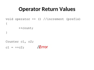 Operator Return Values
void operator ++ () //increment (prefix)
{
++count;
}
Counter c1, c2;
c1 = ++c2; //
Error
 
