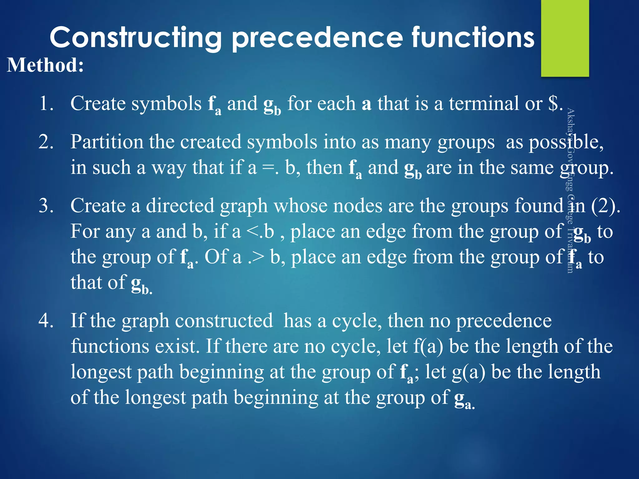 Constructing precedence functions
Method:
1. Create symbols fa and gb for each a that is a terminal or $.
2. Partition the created symbols into as many groups as possible,
in such a way that if a =. b, then fa and gb are in the same group.
3. Create a directed graph whose nodes are the groups found in (2).
For any a and b, if a <.b , place an edge from the group of gb to
the group of fa. Of a .> b, place an edge from the group of fa to
that of gb.
4. If the graph constructed has a cycle, then no precedence
functions exist. If there are no cycle, let f(a) be the length of the
longest path beginning at the group of fa; let g(a) be the length
of the longest path beginning at the group of ga.
 