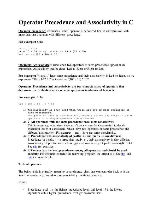 Operator Precedence And Associativity In C Operator Precedence And Associativity In C