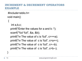 INCREMENT & DECREMENT OPERATORS
EXAMPLE
#include<stdio.h>
void main()
{
int a,b,c;
printf("Enter the values for a and b :");
scanf("%d %d", &a, &b);
printf("n The value of c is %d", c=++a);
printf("n The value of c is %d", c=a++);
printf("n The value of c is %d", c=--b);
printf("n The value of c is %d", c=b--);
}
13 www.programming9.com
 