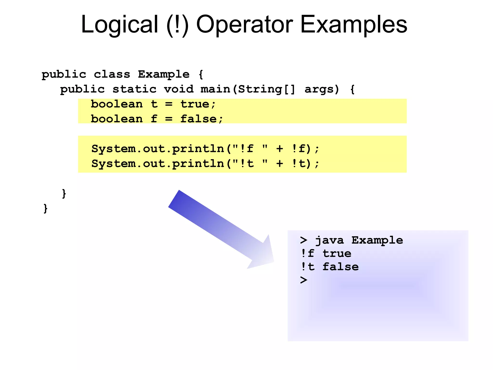 Logical (!) Operator Examples
public class Example {
public static void main(String[] args) {
boolean t = true;
boolean f = false;
System.out.println("!f " + !f);
System.out.println("!t " + !t);
}
}
> java Example
!f true
!t false
>
 