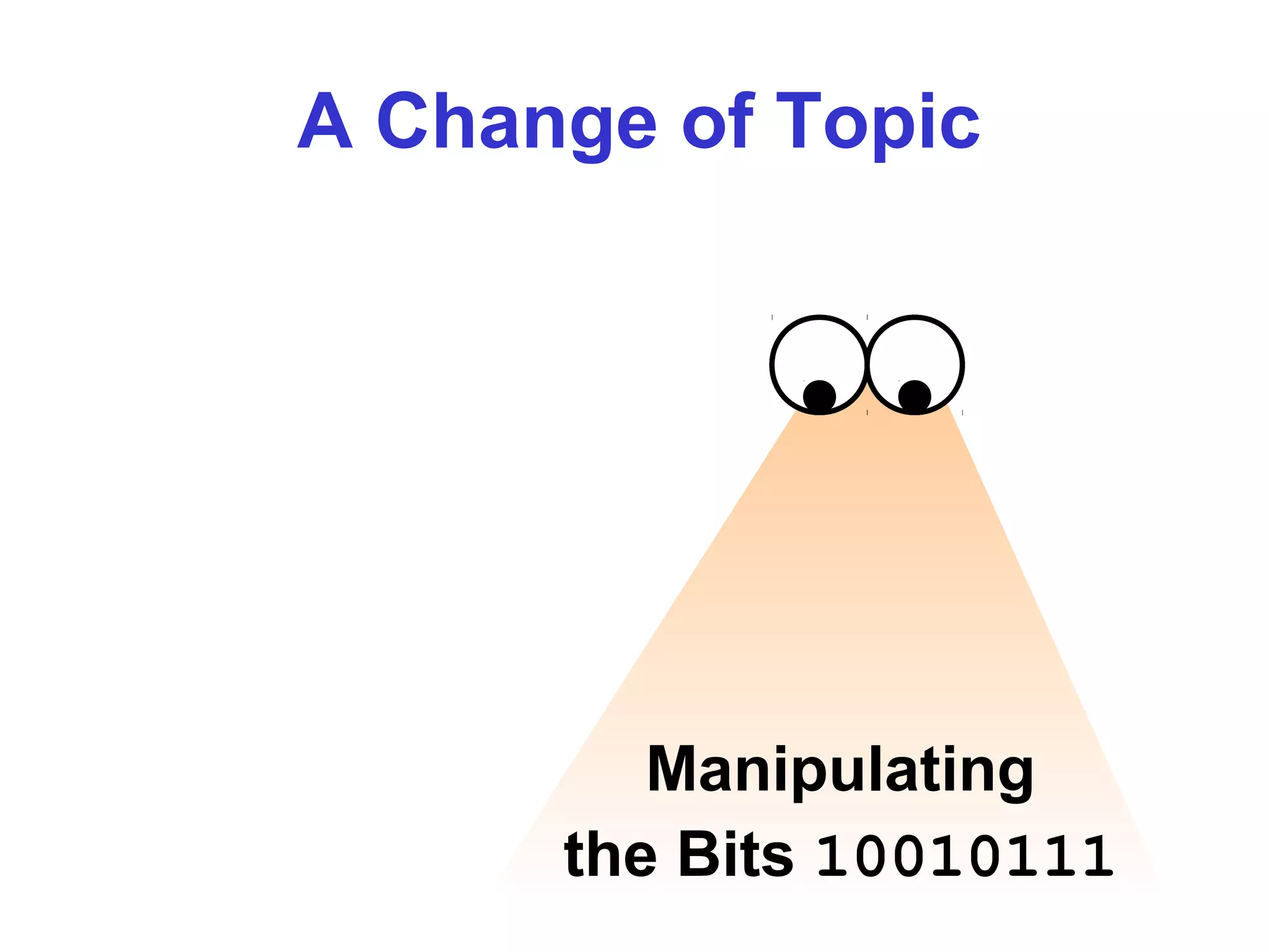 The Logical and
Relational Operators
A Change of Topic
Manipulating
the Bits 10010111
 