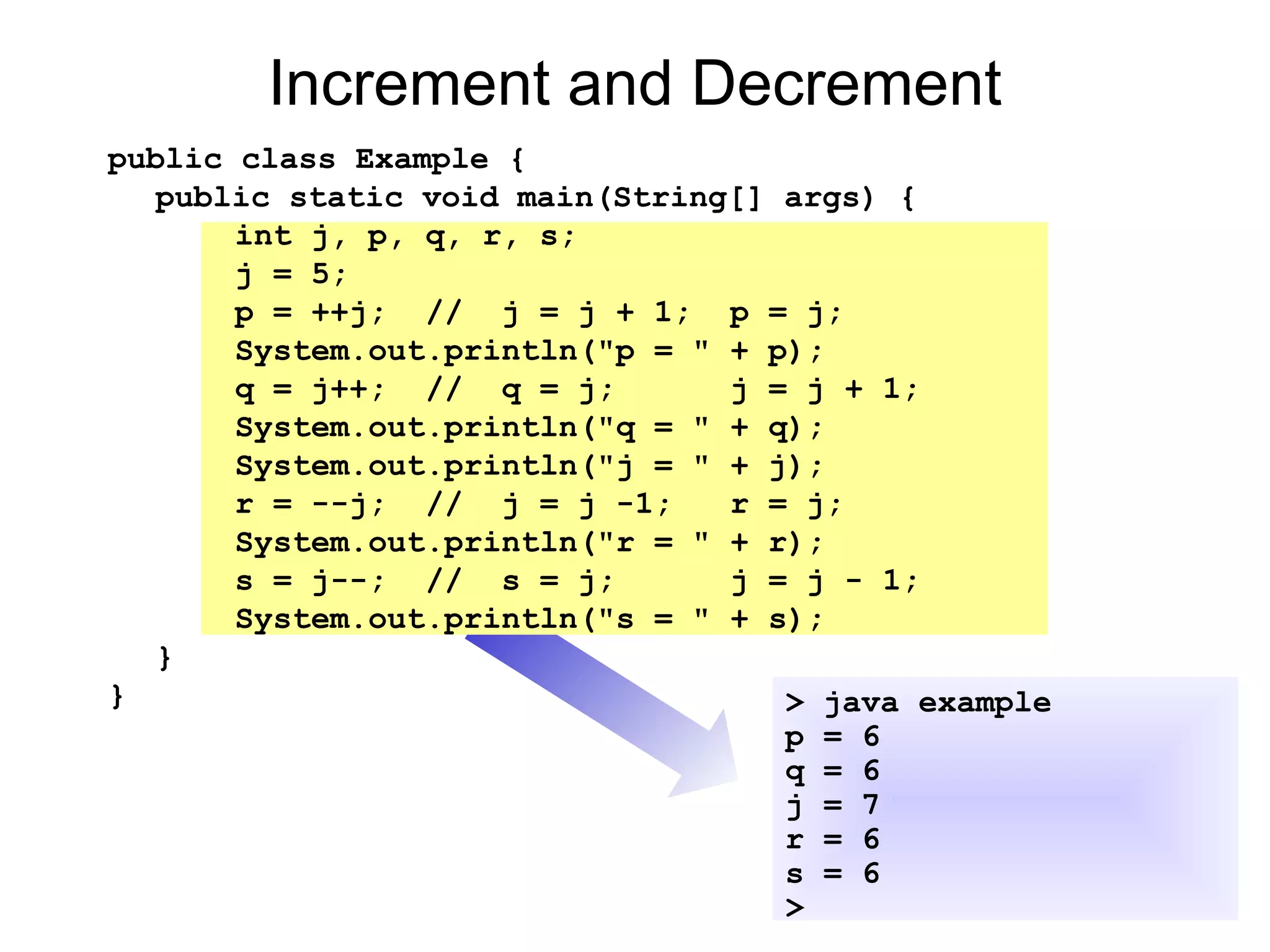 Increment and Decrement
> java example
p = 6
q = 6
j = 7
r = 6
s = 6
>
public class Example {
public static void main(String[] args) {
int j, p, q, r, s;
j = 5;
p = ++j; // j = j + 1; p = j;
System.out.println("p = " + p);
q = j++; // q = j; j = j + 1;
System.out.println("q = " + q);
System.out.println("j = " + j);
r = --j; // j = j -1; r = j;
System.out.println("r = " + r);
s = j--; // s = j; j = j - 1;
System.out.println("s = " + s);
}
}
 