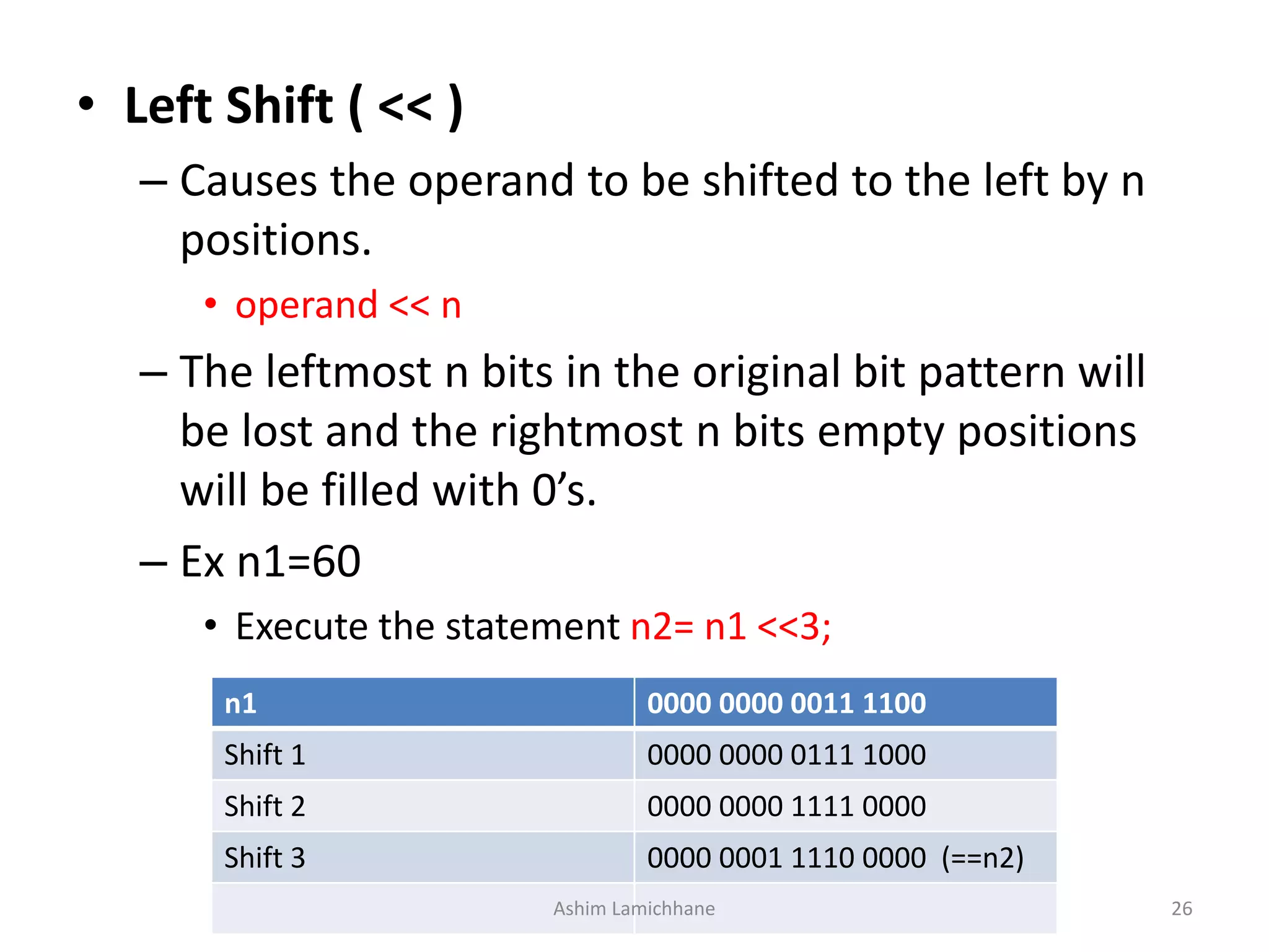 • Left Shift ( << )
– Causes the operand to be shifted to the left by n
positions.
• operand << n
– The leftmost n bits in the original bit pattern will
be lost and the rightmost n bits empty positions
will be filled with 0’s.
– Ex n1=60
• Execute the statement n2= n1 <<3;
n1 0000 0000 0011 1100
Shift 1 0000 0000 0111 1000
Shift 2 0000 0000 1111 0000
Shift 3 0000 0001 1110 0000 (==n2)
Ashim Lamichhane 26
 