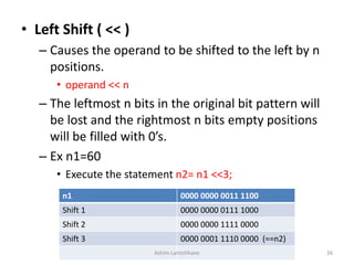 • Left Shift ( << )
– Causes the operand to be shifted to the left by n
positions.
• operand << n
– The leftmost n bits in the original bit pattern will
be lost and the rightmost n bits empty positions
will be filled with 0’s.
– Ex n1=60
• Execute the statement n2= n1 <<3;
n1 0000 0000 0011 1100
Shift 1 0000 0000 0111 1000
Shift 2 0000 0000 1111 0000
Shift 3 0000 0001 1110 0000 (==n2)
Ashim Lamichhane 26
 