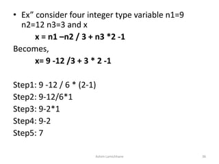 • Ex” consider four integer type variable n1=9
n2=12 n3=3 and x
x = n1 –n2 / 3 + n3 *2 -1
Becomes,
x= 9 -12 /3 + 3 * 2 -1
Step1: 9 -12 / 6 * (2-1)
Step2: 9-12/6*1
Step3: 9-2*1
Step4: 9-2
Step5: 7
Ashim Lamichhane 36
 