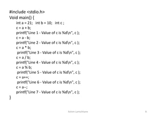 #include <stdio.h>
Void main() {
int a = 21; int b = 10; int c ;
c = a + b;
printf("Line 1 - Value of c is %dn", c );
c = a - b;
printf("Line 2 - Value of c is %dn", c );
c = a * b;
printf("Line 3 - Value of c is %dn", c );
c = a / b;
printf("Line 4 - Value of c is %dn", c );
c = a % b;
printf("Line 5 - Value of c is %dn", c );
c = a++;
printf("Line 6 - Value of c is %dn", c );
c = a--;
printf("Line 7 - Value of c is %dn", c );
}
Ashim Lamichhane 8
 