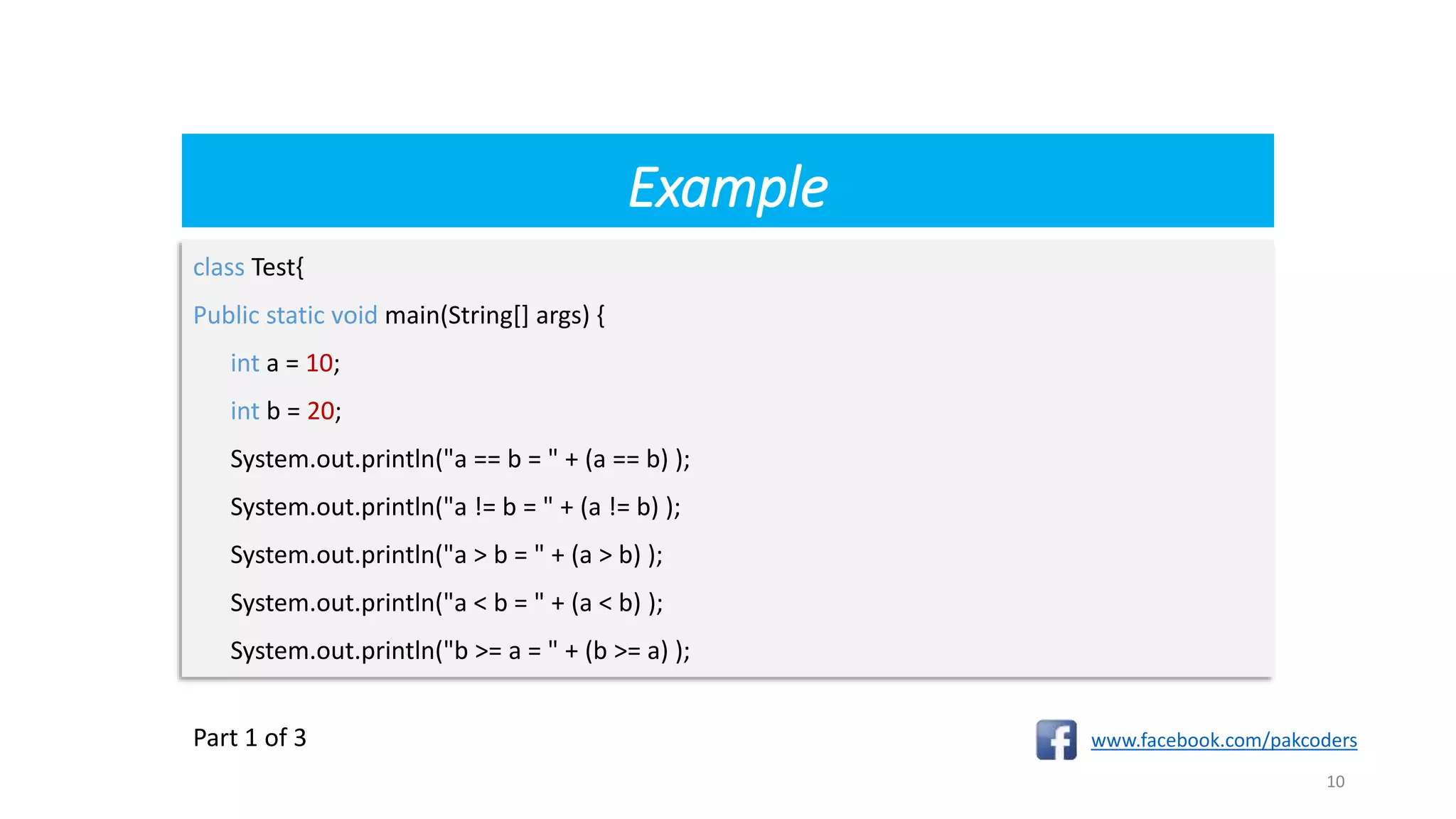 Example
www.facebook.com/pakcoders
10
class Test{
Public static void main(String[] args) {
int a = 10;
int b = 20;
System.out.println("a == b = " + (a == b) );
System.out.println("a != b = " + (a != b) );
System.out.println("a > b = " + (a > b) );
System.out.println("a < b = " + (a < b) );
System.out.println("b >= a = " + (b >= a) );
Part 1 of 3
 