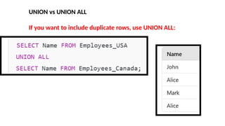 UNION vs UNION ALL
If you want to include duplicate rows, use UNION ALL:
 