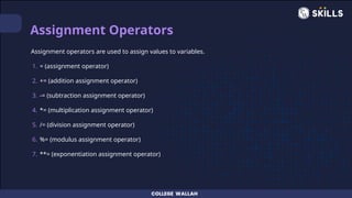 Modulus Assignment Operator What are the various operators in Python, Operators.pptx