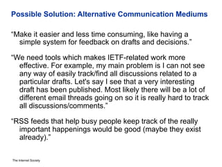 Possible Solution: Alternative Communication Mediums 
“Make it easier and less time consuming, like having a 
simple syste...
