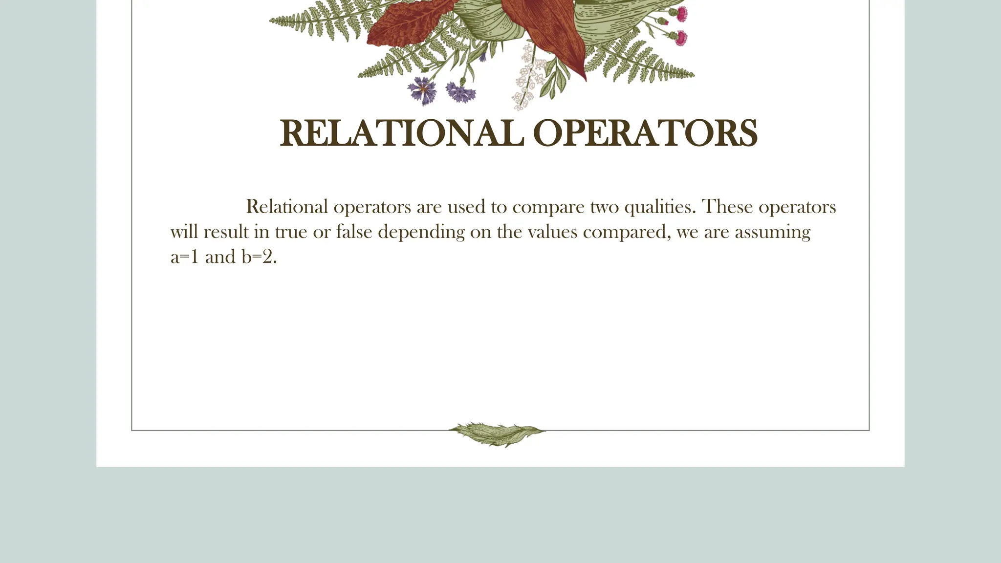 RELATIONAL OPERATORS
Relational operators are used to compare two qualities. These operators
will result in true or false depending on the values compared, we are assuming
a=1 and b=2.
 