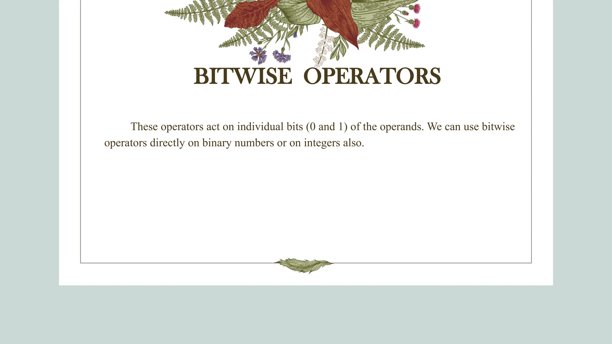 BITWISE OPERATORS
These operators act on individual bits (0 and 1) of the operands. We can use bitwise
operators directly on binary numbers or on integers also.
 