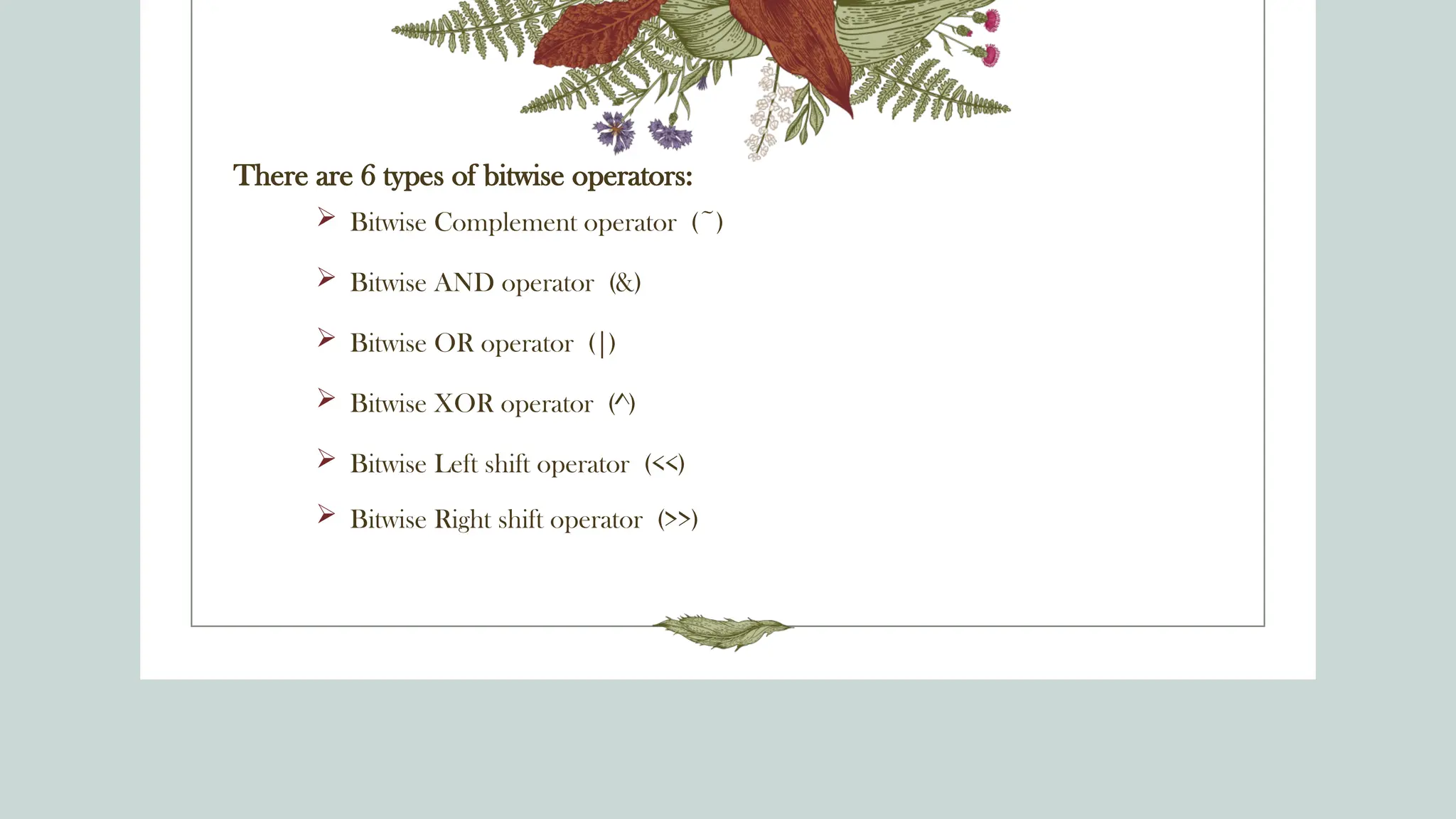There are 6 types of bitwise operators:
 Bitwise Complement operator (~)
 Bitwise AND operator (&)
 Bitwise OR operator (|)
 Bitwise XOR operator (^)
 Bitwise Left shift operator (<<)
 Bitwise Right shift operator (>>)
 