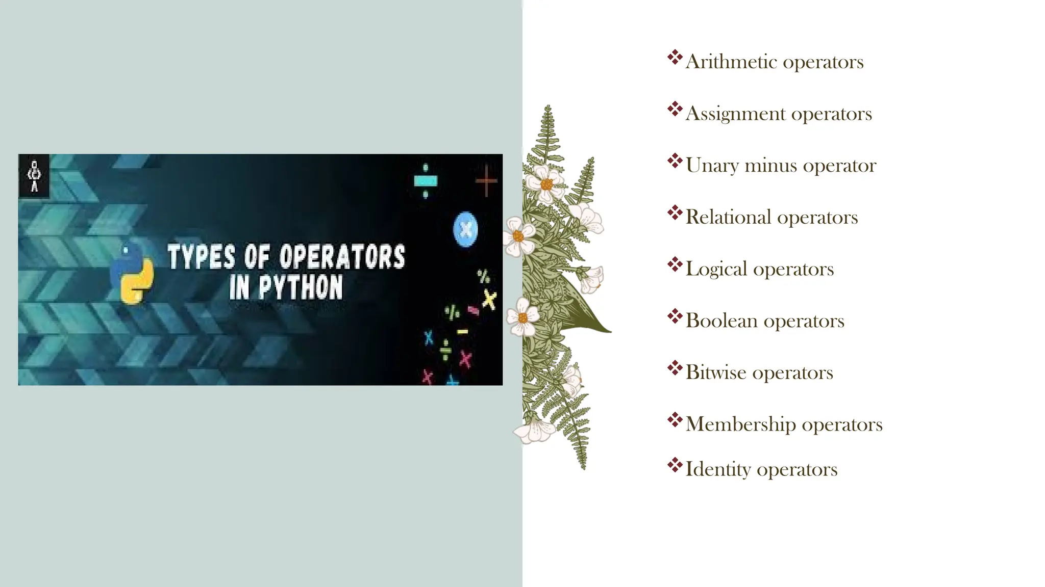 Arithmetic operators
Assignment operators
Unary minus operator
Relational operators
Logical operators
Boolean operators
Bitwise operators
Membership operators
Identity operators
 