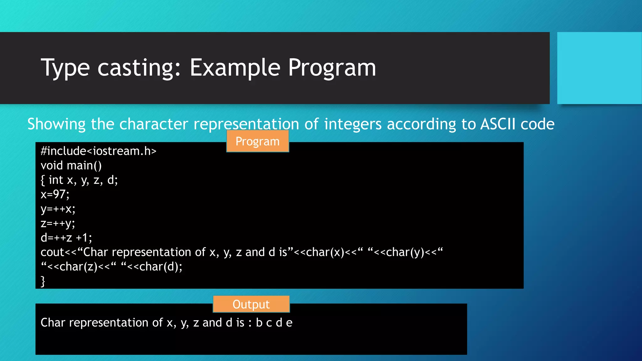 Type casting: Example Program
Showing the character representation of integers according to ASCII code
#include<iostream.h>
void main()
{ int x, y, z, d;
x=97;
y=++x;
z=++y;
d=++z +1;
cout<<“Char representation of x, y, z and d is”<<char(x)<<“ “<<char(y)<<“
“<<char(z)<<“ “<<char(d);
}
Char representation of x, y, z and d is : b c d e
Output
Program
 