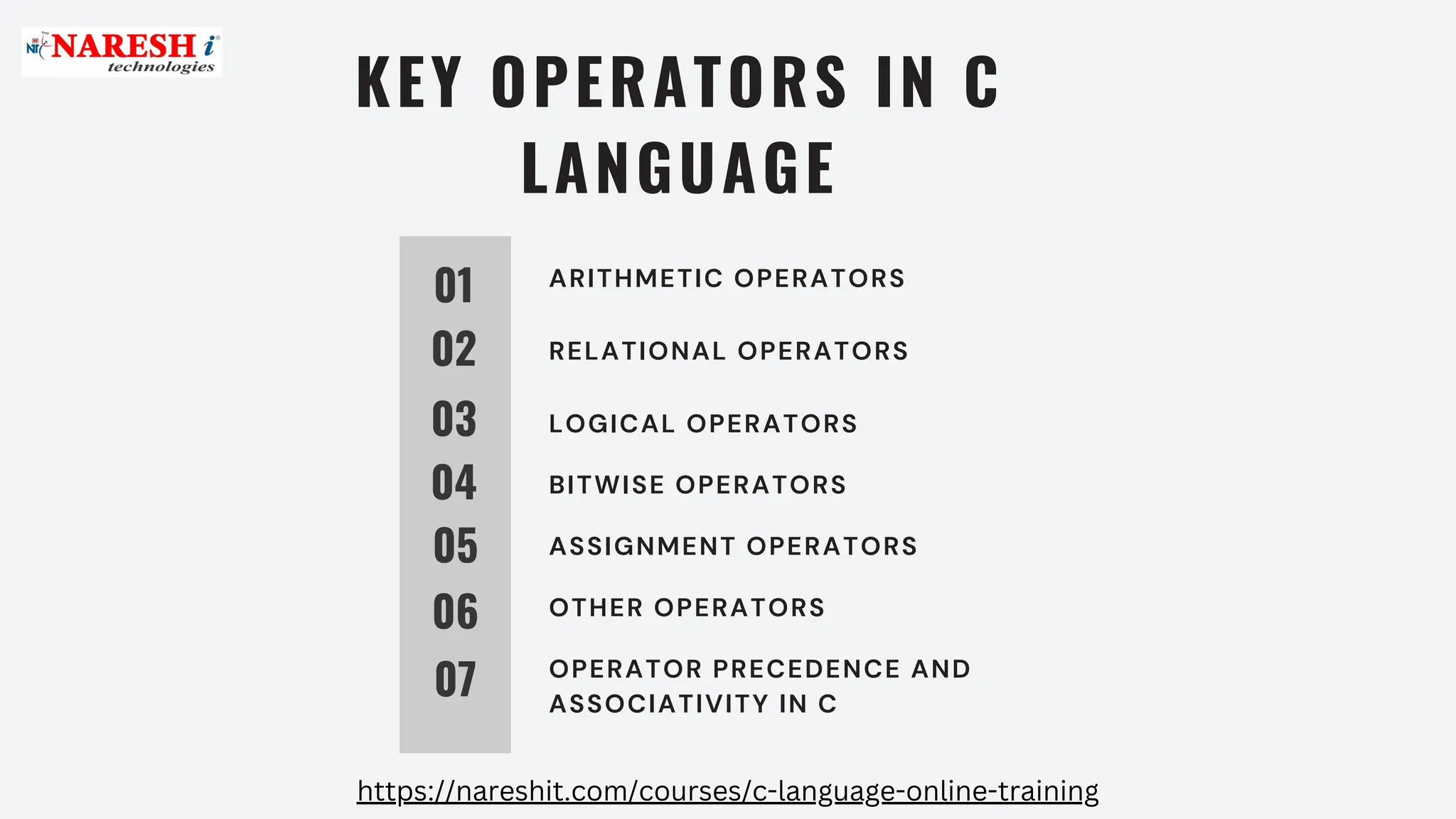 01
02
03
04
05
06
07
ARITHMETIC OPERATORS
RELATIONAL OPERATORS
LOGICAL OPERATORS
BITWISE OPERATORS
ASSIGNMENT OPERATORS
OTHER OPERATORS
OPERATOR PRECEDENCE AND
ASSOCIATIVITY IN C
KEY OPERATORS IN C
LANGUAGE
https://nareshit.com/courses/c-language-online-training
 