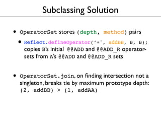 Subclassing Solution
• OperatorSet stores (depth, method) pairs
• Reflect.defineOperator(‘+', addBB, B, B);
copies B’s ini...