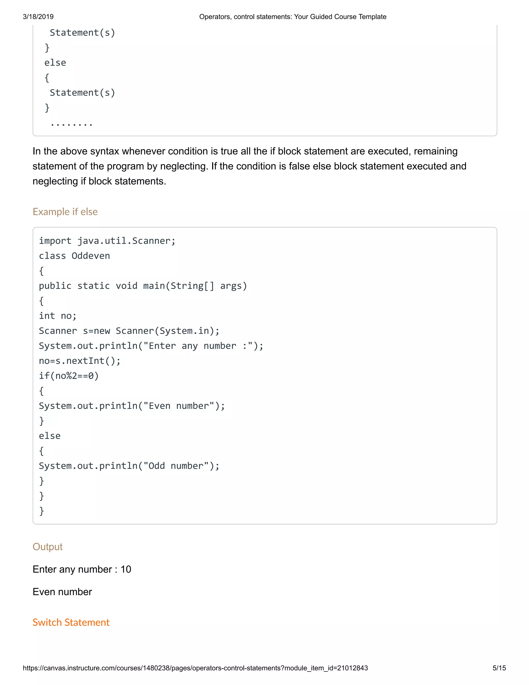 Operators, control statements represented in java | PDF
