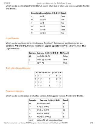Operators, control statements represented in java | PDF