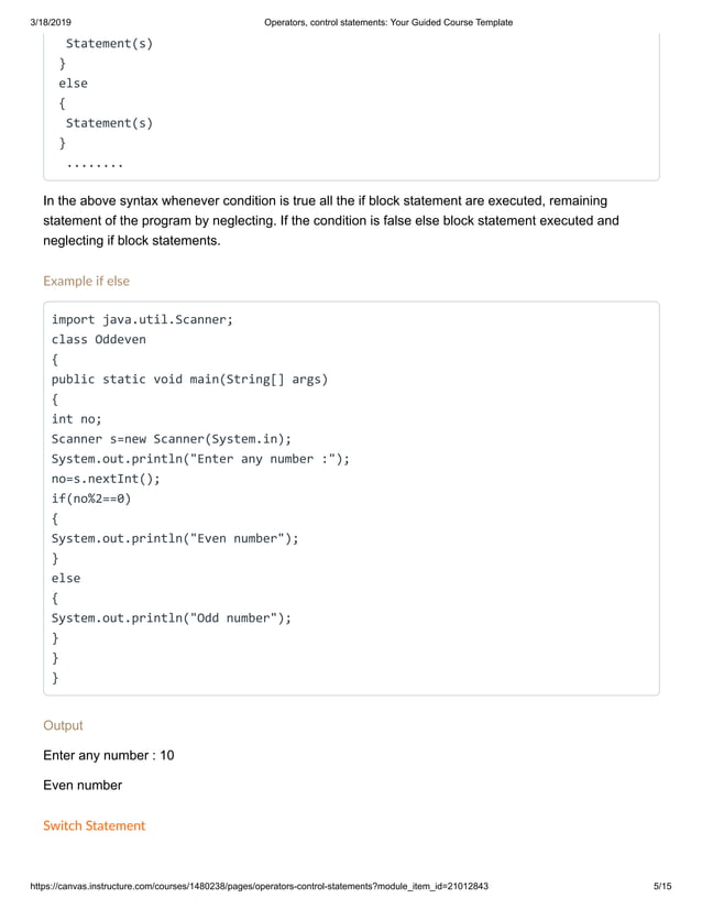 Operators, control statements represented in java | PDF