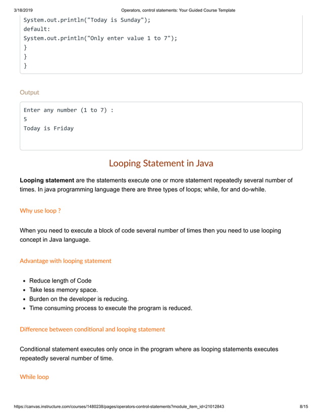 Operators, control statements represented in java | PDF