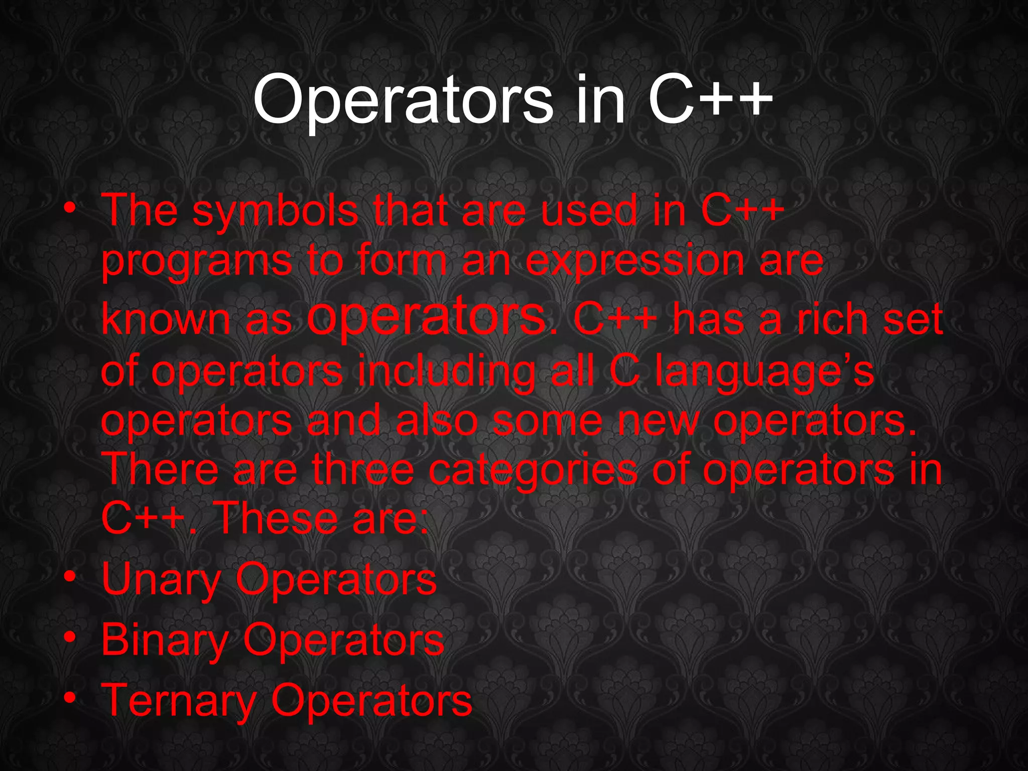 Operators in C++ | PPT | Programming Languages | Computing