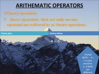 ARITHEMATIC OPERATORS
PLEASE
NOTE :- C+
+ is case-
sensitive
a , A both
are
different
Unary plus
A= 5A= 5
Unary minus
-A = -5-A = -5
 