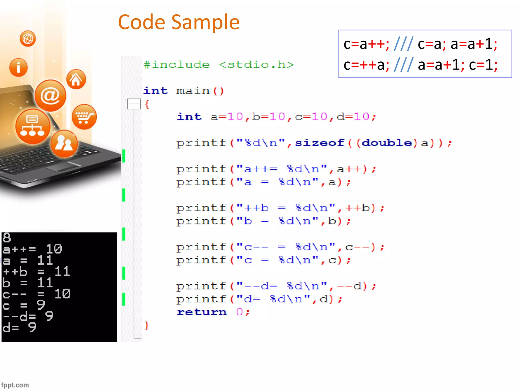 Code Sample
c=a++; /// c=a; a=a+1;
c=++a; /// a=a+1; c=1;
 