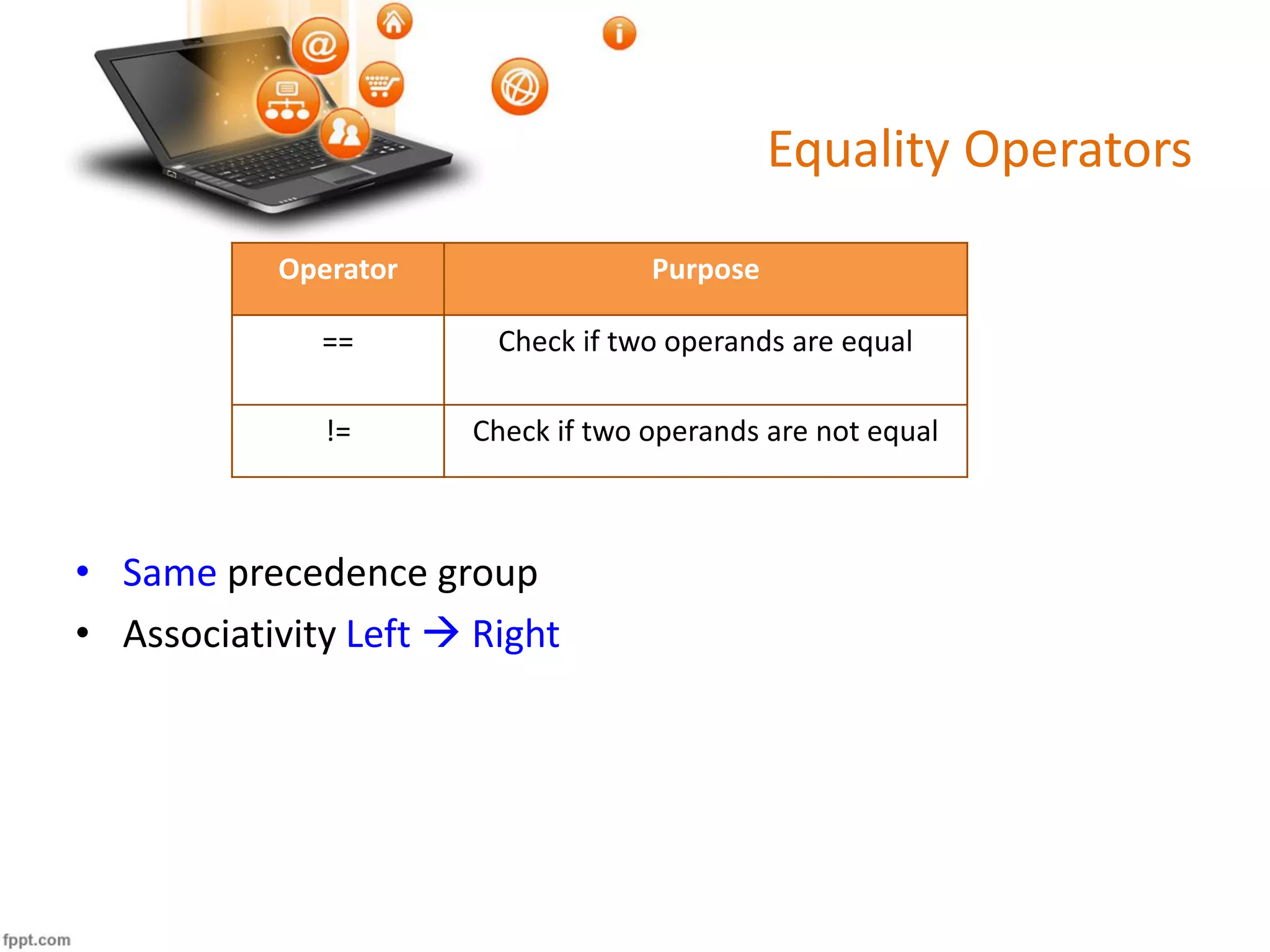 Equality Operators
Operator Purpose
== Check if two operands are equal
!= Check if two operands are not equal
• Same precedence group
• Associativity Left  Right
 