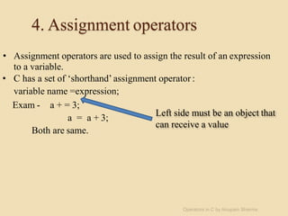4. Assignment operators
• Assignment operators are used to assign the result of an expression
to a variable.
• C has a set of ‘shorthand’ assignment operator :
variable name =expression;
Exam - a + = 3;
a = a + 3;
Both are same.
Left side must be an object that
can receive a value
Operators in C by Anupam Sharma
 