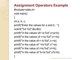 Assignment Operators Example
#include<stdio.h>
void main()
{
int a, b, c;
printf("Enter the values for a and b : ");
scanf("%d %d",&a,&b);
printf("n the values of= is:%d",c=a+b);
printf("n the values of +=is:%d",c+=b);
printf("n the value of-= is:%d",c-=a);
printf("n the value of *=is:%d",c*=a);
printf("n the value of /=is:%d",c/=b);
printf("n the value of %=is:%d",c%=b);
}
Operators in C by Anupam Sharma
 
